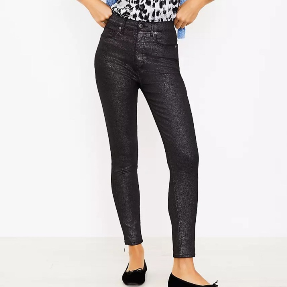 LOFT Shimmer Jeans High Rise Waist Skinny Leg in Black Women’s 25 0